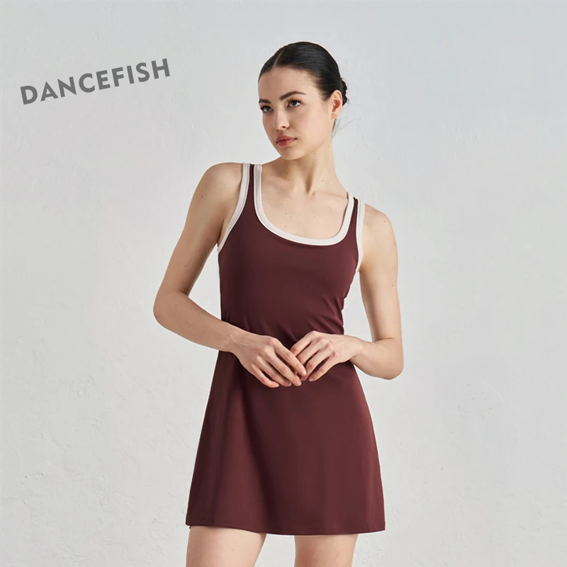 DANCEFISH Naked Detachable Chest Pad dress Hot Girl Outdoor Tennis Skirt Sports Yoga Skirt Women
