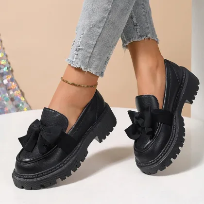 Spring Bowknot Platform Loafers Women Black Faux Leather Slip On Flats Shoes Woman College Style Thick Sole Dress Shoes Size 42