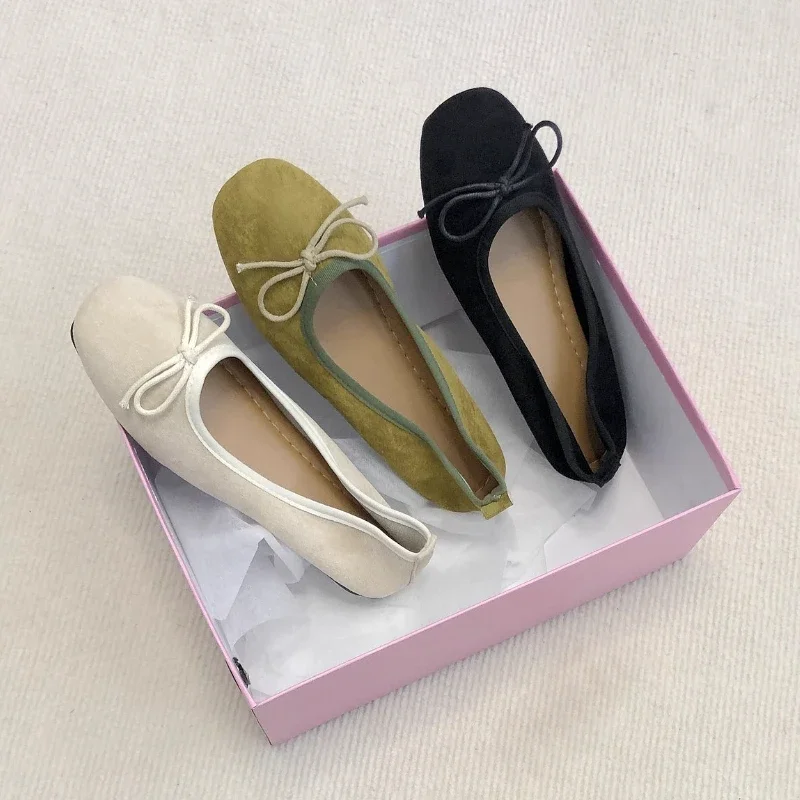 Soft Leather Ballet Flats Shoes Women Bow Tie Casual Streetwear Slip on Basic Loafers Spring Autumn Office Ladies Shoes New 2025