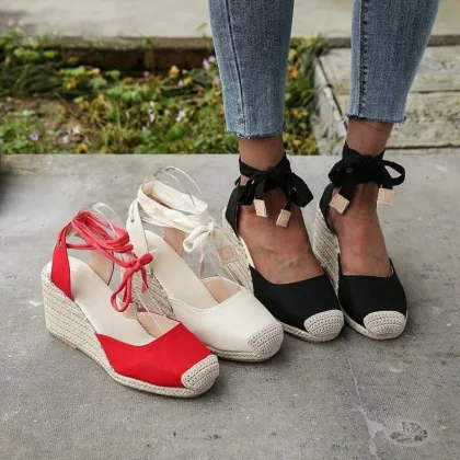 ZFY Women's Espadrille Ankle Strap Wedges Sandals Ladies Slippers 2023 Summer Woman Flax Hemp Canvas Casual  Pumps Shoes 35-43