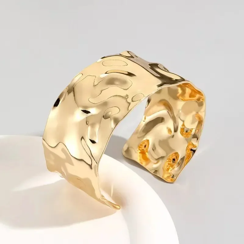 Uworld Textured Gold Cuff Gold Plated Stainless Steel Adjustable Bangele Bracelets for Women Striking Look Minimalist Jewelry
