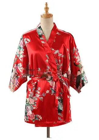 Lace Up Woman Peacock Print Japanese Kimono Yukata Silk Satin Short Style Sleepwear Home Nightgown Bath Robe Costume - Image 4