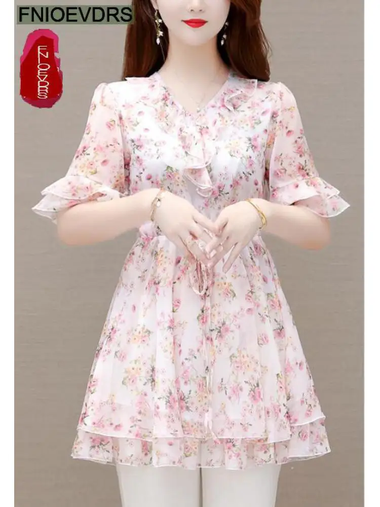 M-5XL 2023 Clothes Clothes Women European Style Elegant Basic Shirt Floral Print Retro Ruffles Belly Tunic Peplum Top Blouses - Image 5