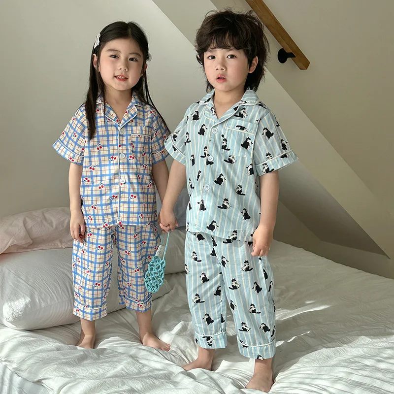 Children's Pajamas Summer 1-8Y Home Clothing Set Thin Pure Cotton Boys Lapel Top Pants 2Pcs Suit Girls Cartoon Printed Sleepwear - Image 2