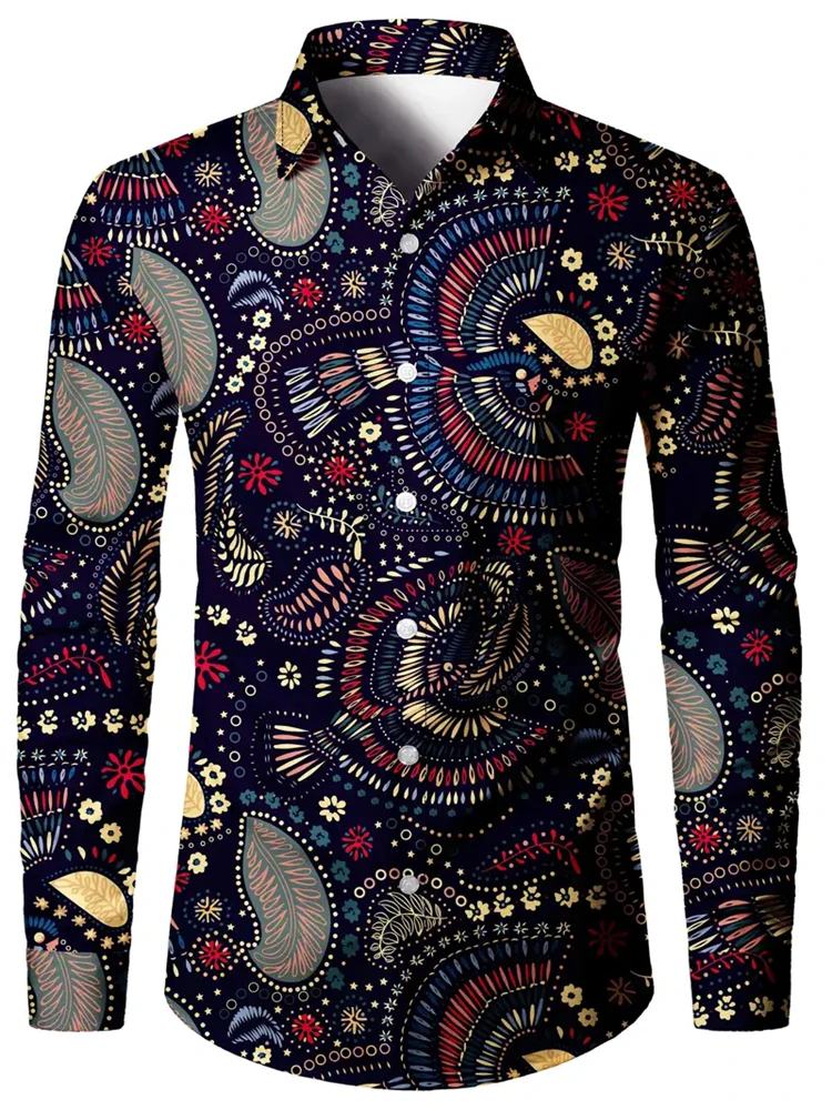 Men Retro Cashew Flower Shirt Exquisite Printing Long Sleeve Button Down Shirt Fashion Casual Lapel Cardigan Jacket Office Shirt - Image 3