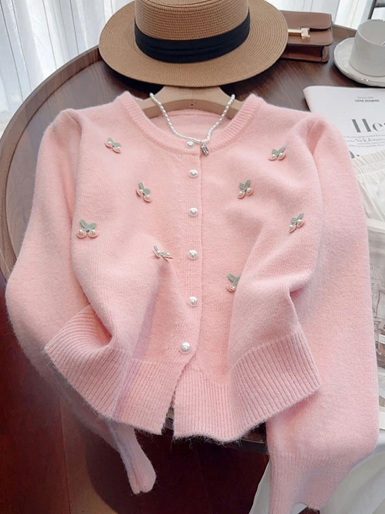 Zoki Print Sweet Pearls Cardigan Sweaters Women Fashion O Neck Knitted Coat Elegant Cute Long Sleeve Female Fall All Match Tops - Image 3