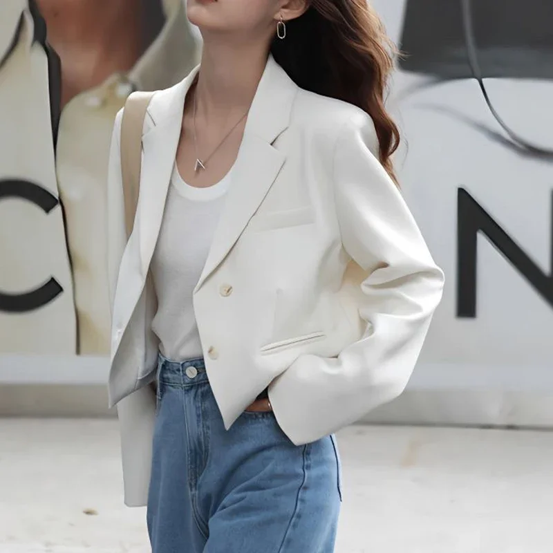Fashion Design Cropped Suit Jacket Women 2025 Autumn Long Sleeve Korean Blazers Woman Solid Color Single-Breasted Office Coat - Image 2