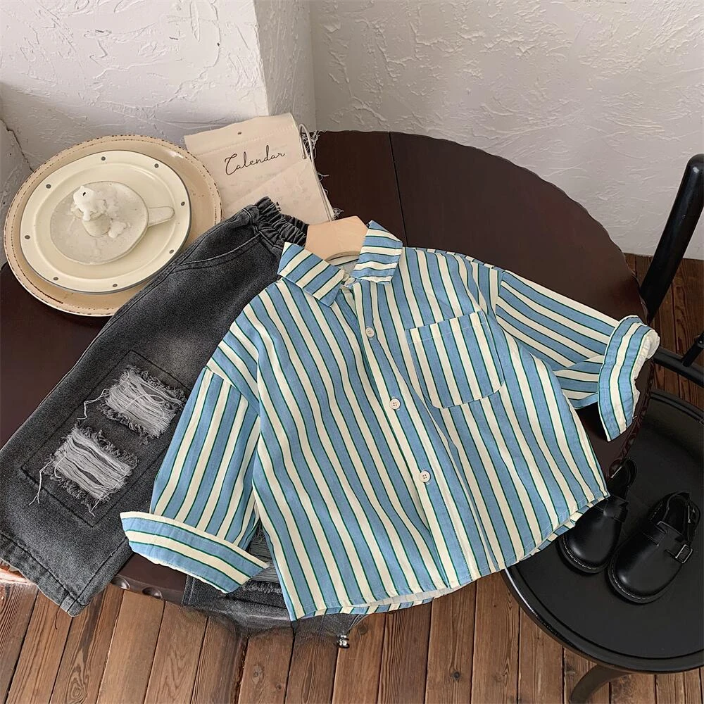 2025 Spring Fall Boys and girls Vertical stripes shirts Kids children turn-down collar casual blouses Tops - Image 5