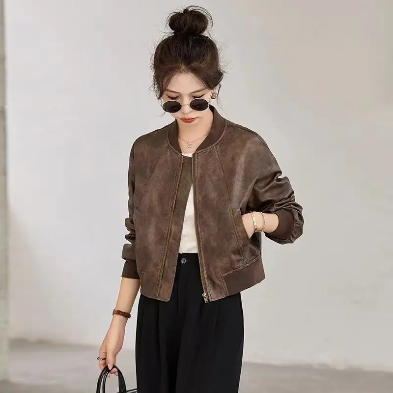 Hot Short Bomber Jacket for Women Spring Autumn Brown PU Leather Baseball Aviator Coat Woman Harajuku Pretty Luxury High Quality - Image 5