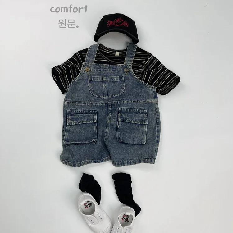 2025 Summer New Vintage Girls Overalls Kids Boys Pocket Denim Strap Pants Children Jeans Shorts Fashion Baby Clothes - Image 3