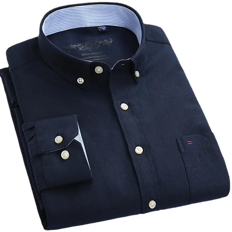 New Men's Long Sleeve Oxford PlaidStriped Casual Shirt Front Patch Chest PocketRegular-fit Button-down Collar Thick Work Shirts - Image 5