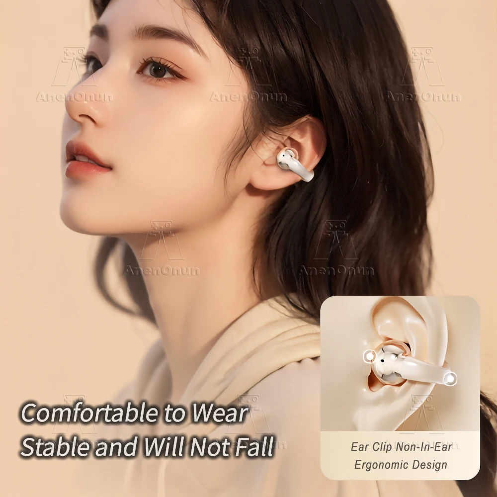 TWS Earbuds Ear Clip Bluetooth Earphones 28H Playtime ENC Noise Cancelling IPX4 Waterproof Hands-Free for iOS/Android - Apricot - Image 2
