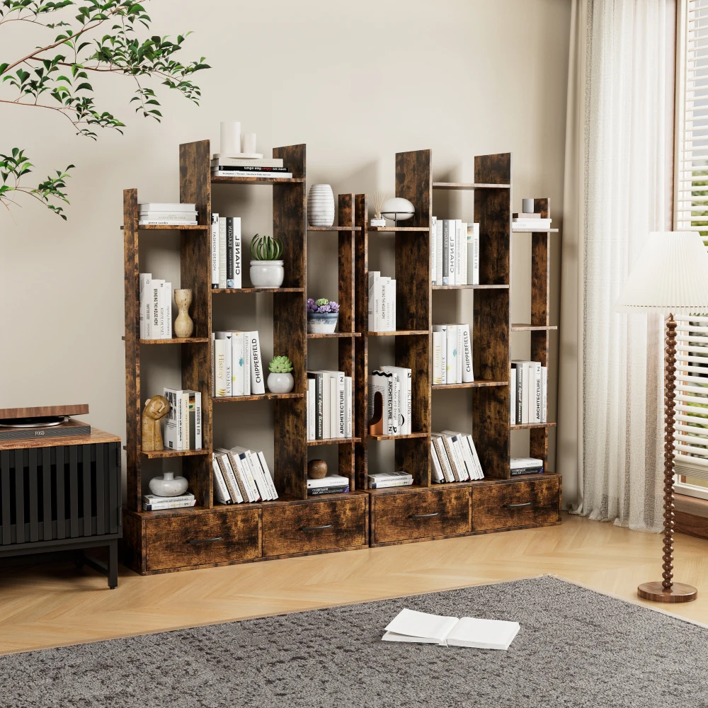 Bookshelf with 2 Drawers,Industrial Freestanding Open Display Shelving,Vintage Open Bookcase,Book Case for Bedroom, Living Room - Image 3