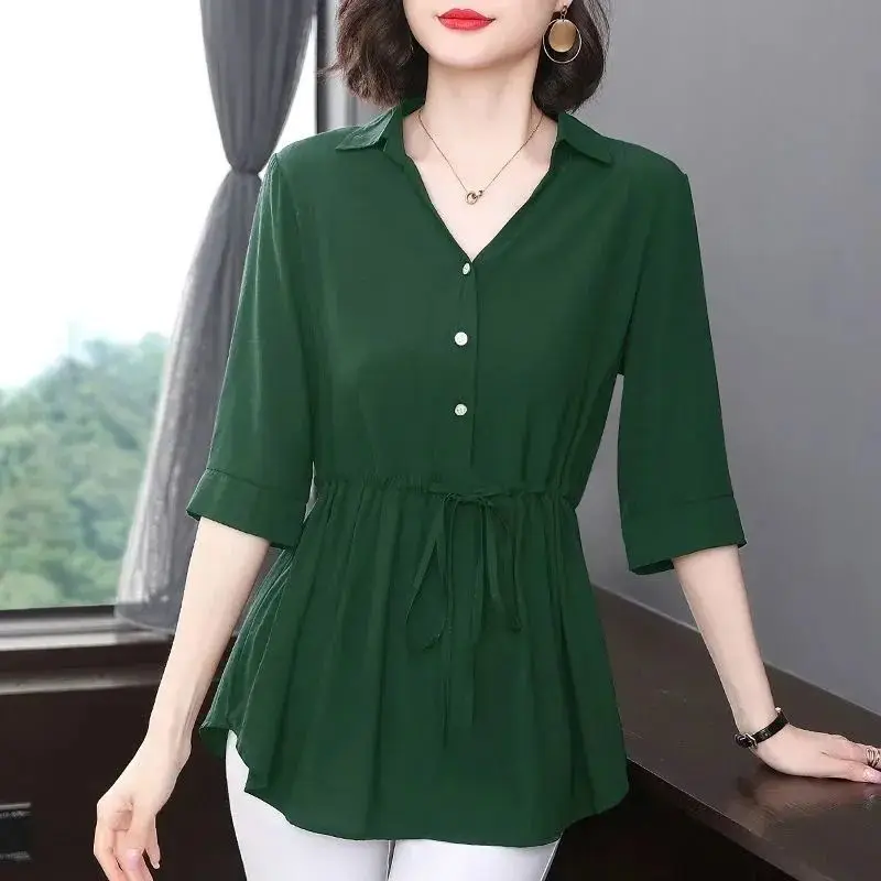 Women's V-Neck Short Sleeve Shirts, Elegant Tops, All-match, Simple, Casual, Simplicity, Office, Summer Clothes, Fashion - Image 3