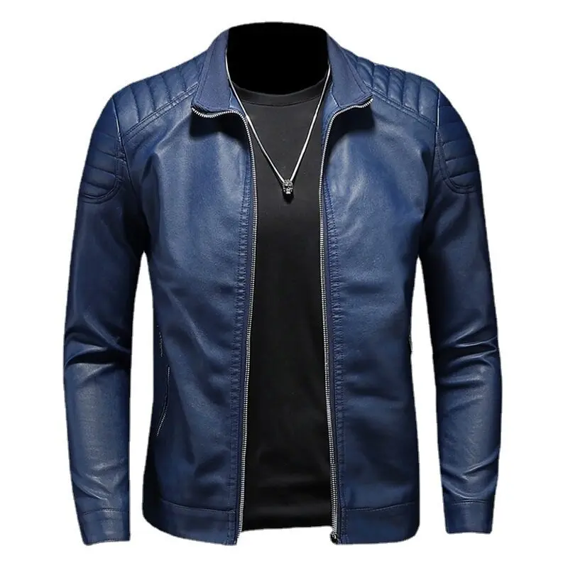 2024 Moto Pu Leather Jacket Men Winter Leahter Jacket Male Stand Collar Casual Windbreaker Trendy Mens Clothing Black Blue - Image 5