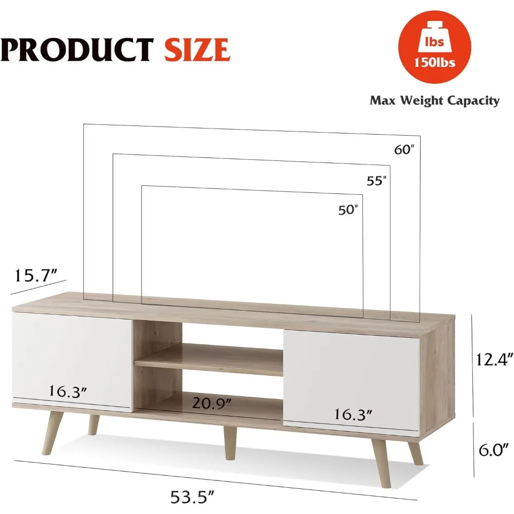 TV Stand for 55 60 inch TV, Boho Entertainment Center with Storage Cabinets, TV Console for Living Room Decor, Greige White - Image 2