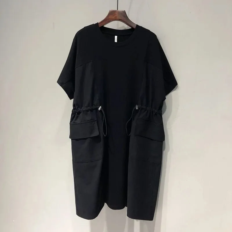 Dresses Fat Extra Large Size 300 g Double Drawstring Waist Stitching Short Sleeve Dress Female Summer Loose Fake Two Skirts 2 - Image 3