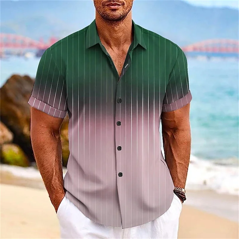 2024 Men's Gradient Striped Shirt Slim Breathable Fashion Short-sleeved High-quality Design Casual Button-down Shirts Male - Image 2