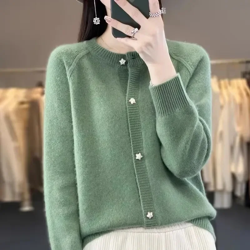 New Women Cardigan Sweater Autumn/Winter Round Neck Star Button Solid Knit Bottoming Shirt Jacket Quality Knitwear Female Tops - Image 2
