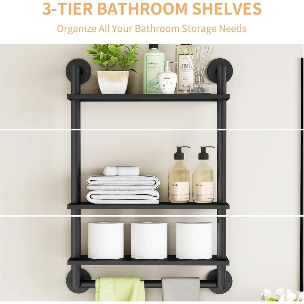 Bathroom Shelves Wall Mounted, 3 Tier Towel Racks with Towel Bar, 26in Stainless Steel Industrial Floating Pipe Shelves Over Toi - Image 3