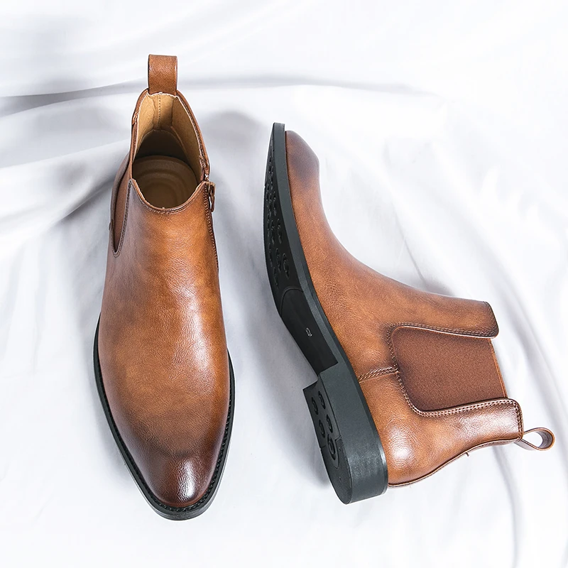 Luxury Brand Side Zipper Men's Formal Boots British Style High Top Leather Ankle Boots for Men Chelsea Boots Casual Dress Shoes - Image 5