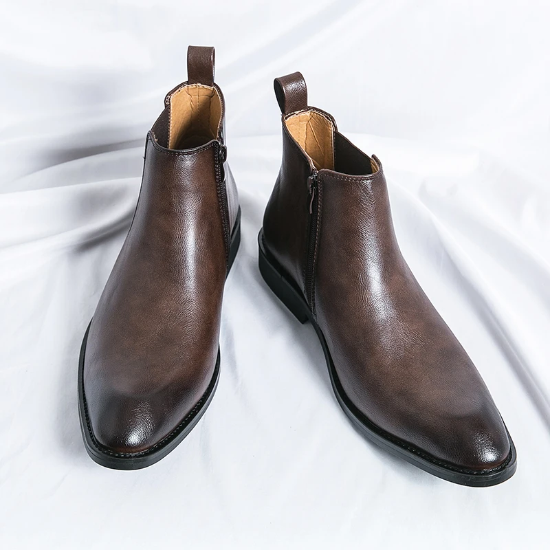 Luxury Brand Side Zipper Men's Formal Boots British Style High Top Leather Ankle Boots for Men Chelsea Boots Casual Dress Shoes - Image 2