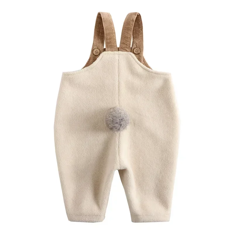 Spring Autumn Boys and Girls Overalls Solid Soft Woolen Cloth Rabbit Tail Straps Jumpsuit Children Casual Warm Pants E23430 - Image 4