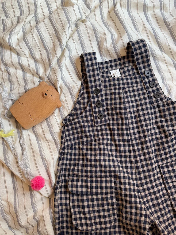2025 Spring New Children Plaid Overalls Cotton Boys Thin Casual Pants Breathable Baby Girls Loose Strap Trousers Kids Clothes - Image 6