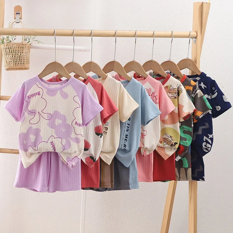 Children's Ice silk Pajama Set Summer Thin Short Sleeve Shorts Ice Silk Suitable For Boys Girls Homewear Set 4 6 8 9 16 Years - Image 3