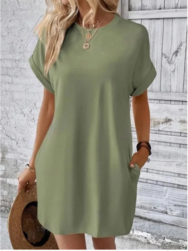 Minimalist Solid Color Mini Skirt Women's Temperament Round Neck Pocket T Shirt Dress Summer Casual 2024 New Dresses - Image 6
