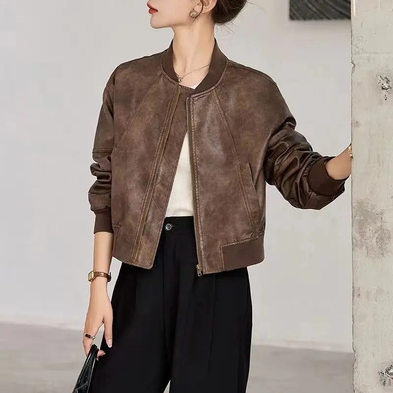 Hot Short Bomber Jacket for Women Spring Autumn Brown PU Leather Baseball Aviator Coat Woman Harajuku Pretty Luxury High Quality - Image 3