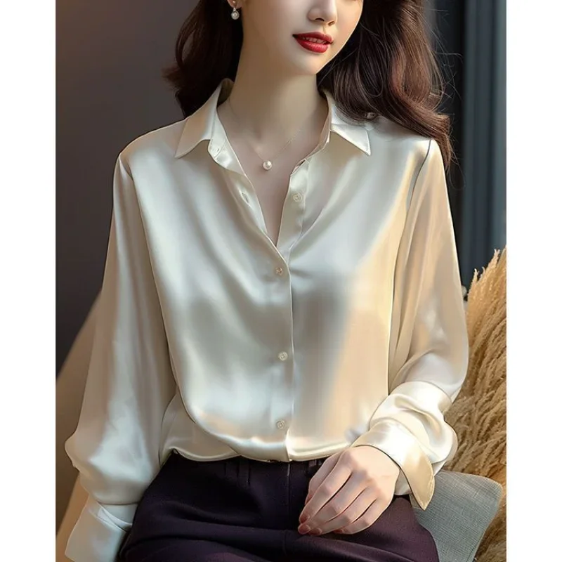 Spring Autumn New Women's Solid Color Polo-Neck Button Elegant Loose Long Sleeve Versatile Commuter French Unique Shirt Tops - Image 5