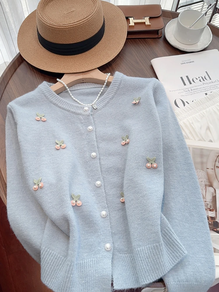 Zoki Print Sweet Pearls Cardigan Sweaters Women Fashion O Neck Knitted Coat Elegant Cute Long Sleeve Female Fall All Match Tops - Image 6