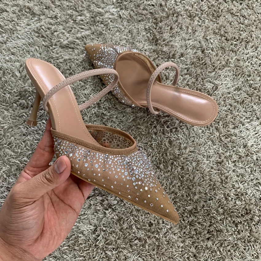 New Summer Women's Sandals Rhinestone Bright Mesh High Heels Footwear Elegant Slingback Pointed Slip on Party Lady Pumps Shoes - Image 6