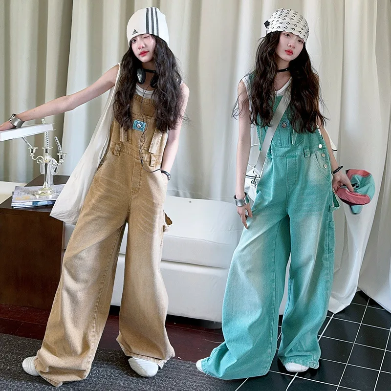 Denim Overalls for Girls Loose Slimming Casual Wide-Leg Jumpsuit 2025 Summer Kids Jeans Fashion Versatile Teen Children Pants - Image 3