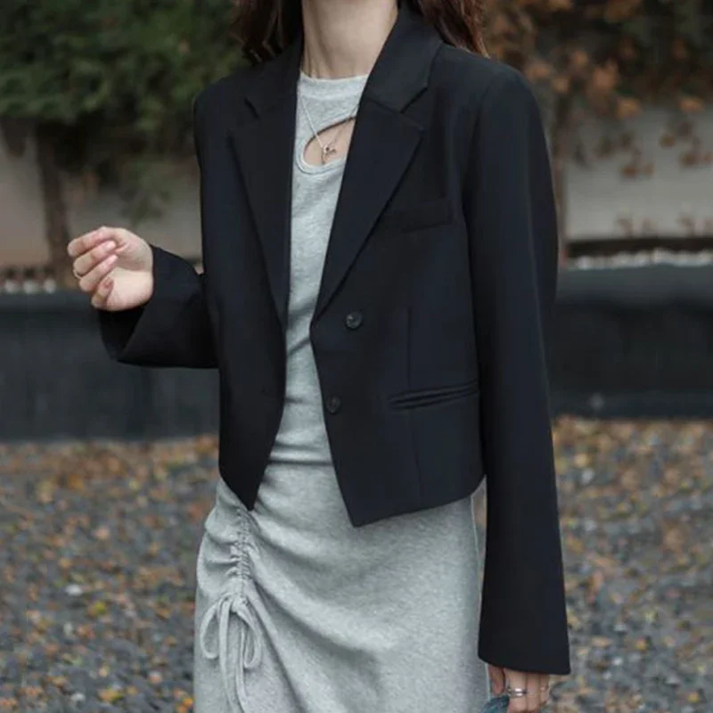 Fashion Design Cropped Suit Jacket Women 2025 Autumn Long Sleeve Korean Blazers Woman Solid Color Single-Breasted Office Coat - Image 5