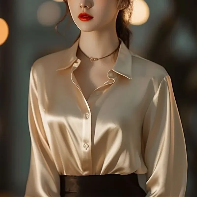 Spring Autumn New Women's Solid Color Polo-Neck Button Elegant Loose Long Sleeve Versatile Commuter French Unique Shirt Tops - Image 3