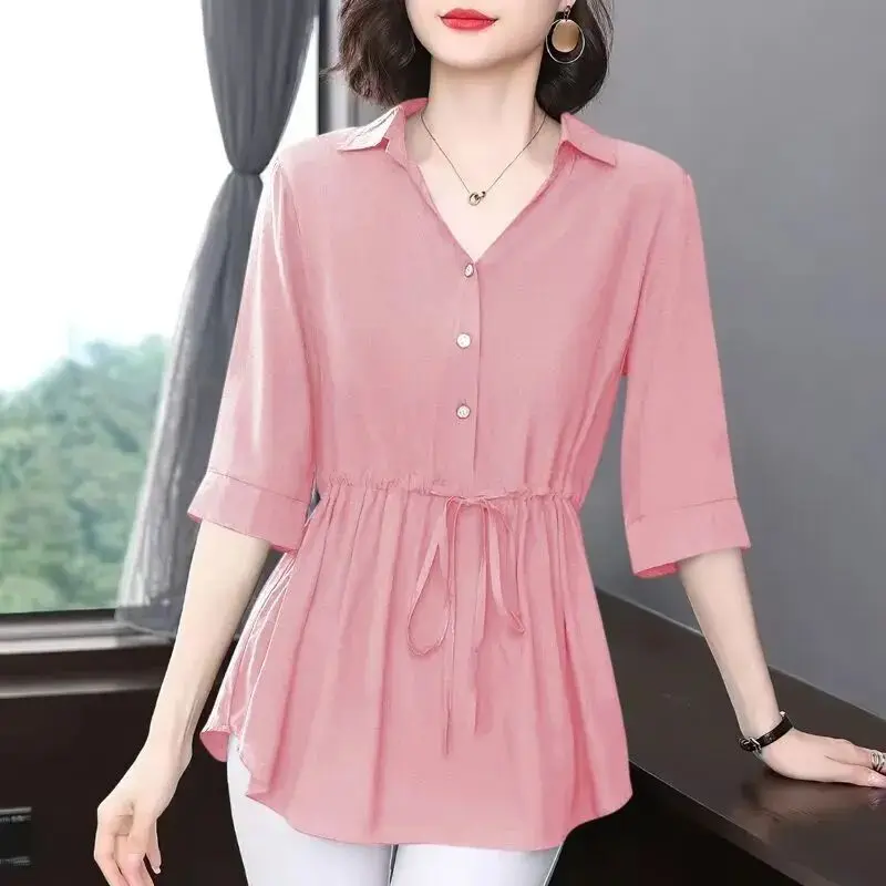 Women's V-Neck Short Sleeve Shirts, Elegant Tops, All-match, Simple, Casual, Simplicity, Office, Summer Clothes, Fashion - Image 2
