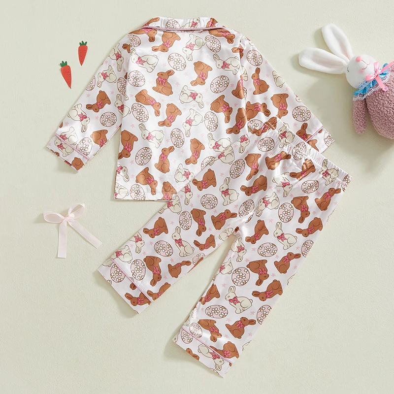 Toddler Girl Easter Satin Pajama Set with Bunny and Carrot Print Long Sleeve Button-up Tops and Pants Sleepwear Outfit 2 Piece - Image 2