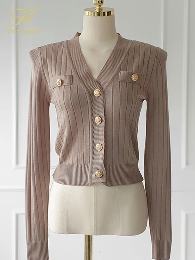 H Han Queen Korean Chic V-Neck Knitted Cardigan Sweater For Women Casual Basic Long Sleeve Cardigans Autumn Vintage Sweaters Top - Image 4