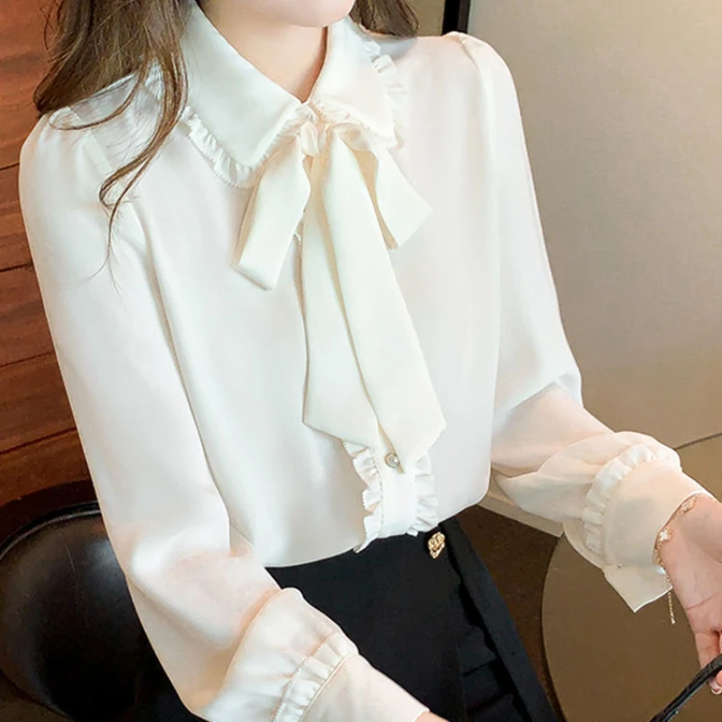 Bow Tie White Chiffon Shirt 2022 Spring Summer Korean Fashion Blouse Lace Elegant Long Sleeve Shirt for Female Casual Clothing - Image 2