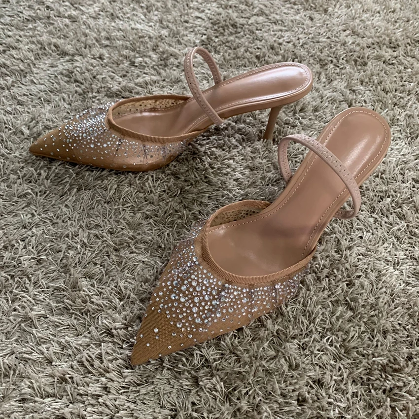 New Summer Women's Sandals Rhinestone Bright Mesh High Heels Footwear Elegant Slingback Pointed Slip on Party Lady Pumps Shoes - Image 4