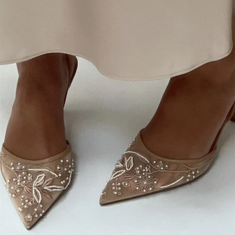 Luxury Mesh Embroidery High Heels Women Sexy Pointed Toe String Bead Slingback Heeled Sandals Summer Elegant Banquet Dress Shoes - Image 6