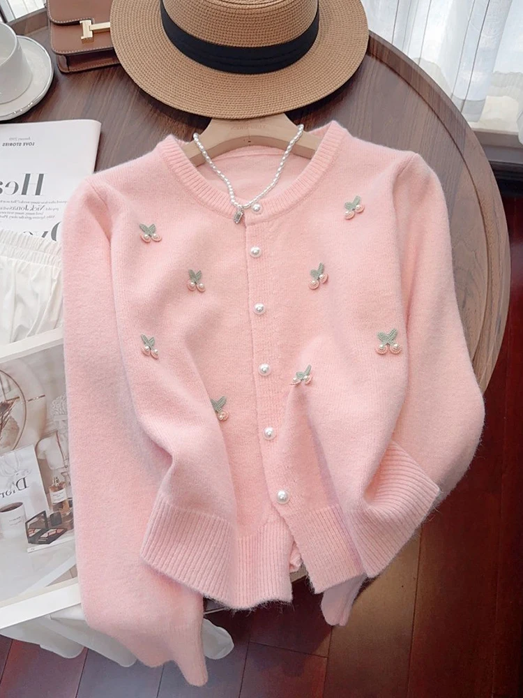 Zoki Print Sweet Pearls Cardigan Sweaters Women Fashion O Neck Knitted Coat Elegant Cute Long Sleeve Female Fall All Match Tops - Image 4