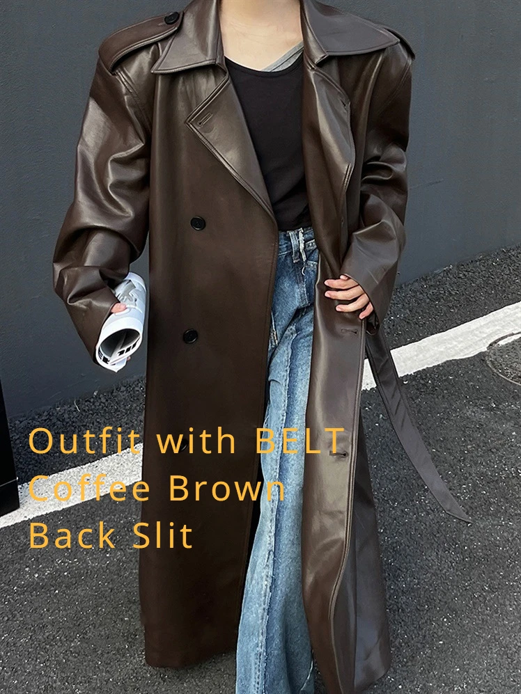 Women Leather Long Jacket Trench Oversized Faux Leather Blazer Button Down Lapel Coat with Pockets Down Shirts/Coats Work Office - Image 6
