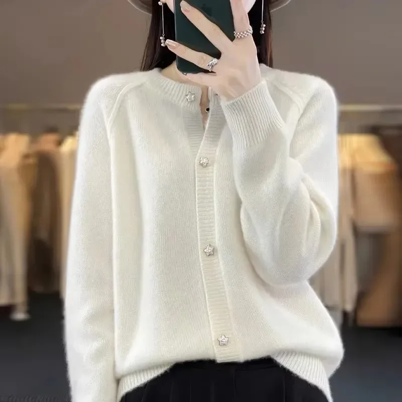 New Women Cardigan Sweater Autumn/Winter Round Neck Star Button Solid Knit Bottoming Shirt Jacket Quality Knitwear Female Tops - Image 4