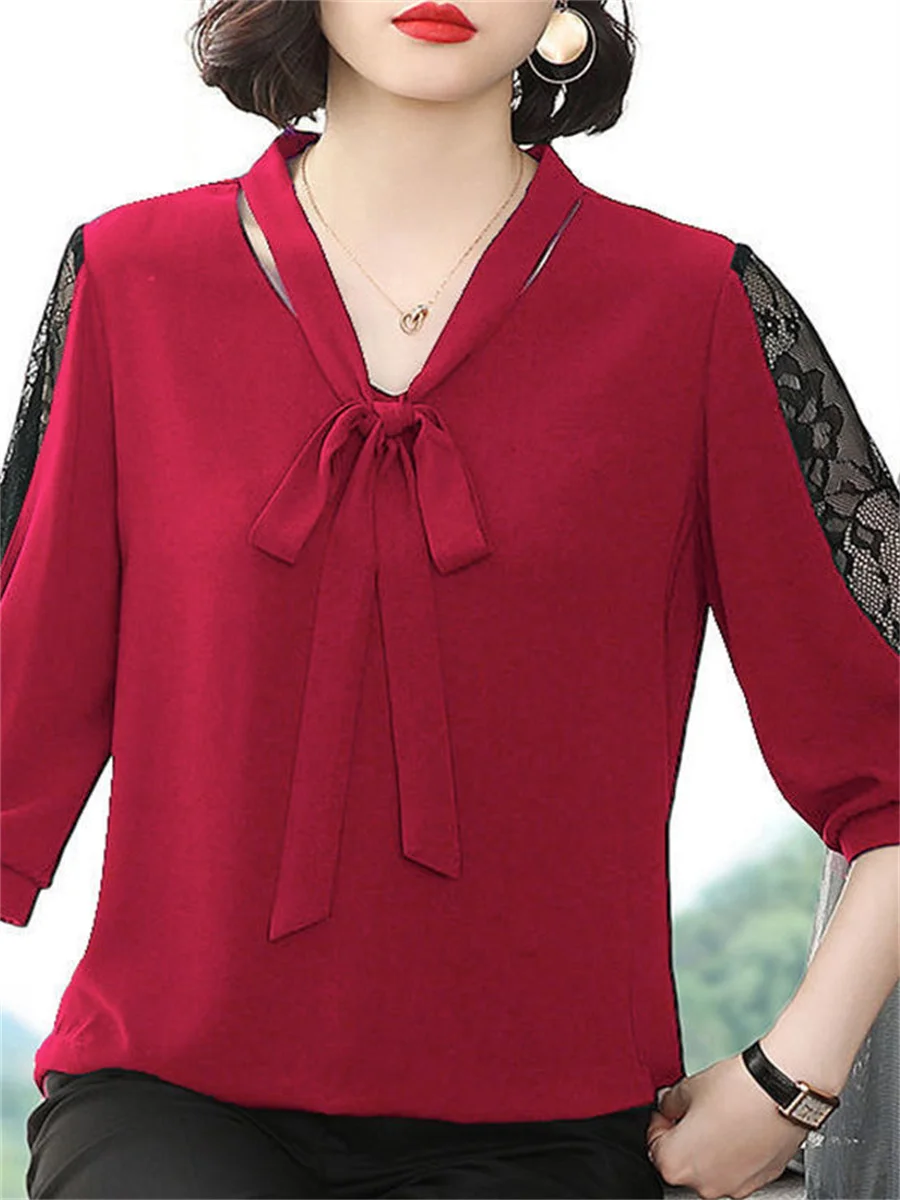 Women Spring Summer Style Blouses Tops Lady Casual Bow Tie Colloar Half Lace Sleeve Loose Blusas Tops DF4275 - Image 4
