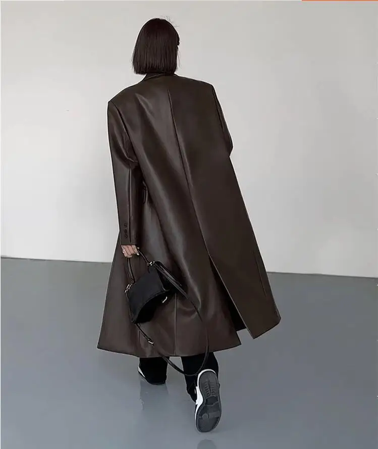 Women Leather Long Jacket Trench Oversized Faux Leather Blazer Button Down Lapel Coat with Pockets Down Shirts/Coats Work Office - Image 2