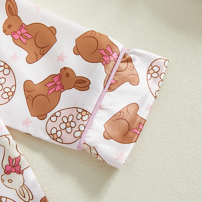 Toddler Girl Easter Satin Pajama Set with Bunny and Carrot Print Long Sleeve Button-up Tops and Pants Sleepwear Outfit 2 Piece - Image 4