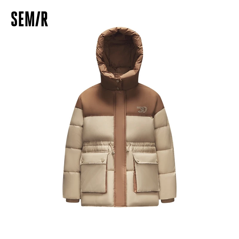 Semir Down Jacket Women Mid-Length Loose Waist-Adjusting Clothes Trendy Winter Contrasting Color Spliced Hooded Retro Style Coat - Image 3